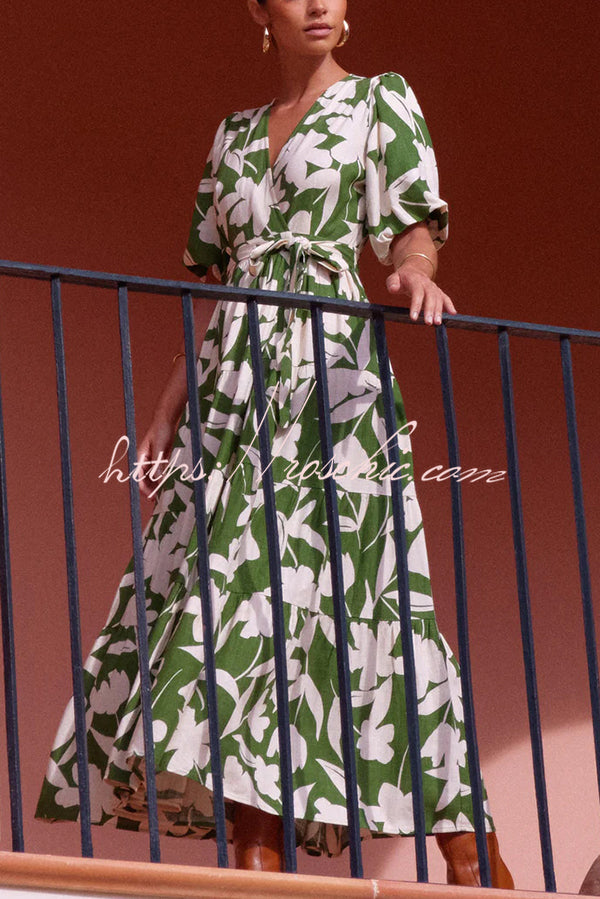 Unique Printed V-neck Puff Sleeves Tie Waist Midi Dress