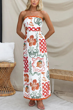 Cypress Unique Print Ric Rac Trim Back Smocked Strapless Maxi Dress