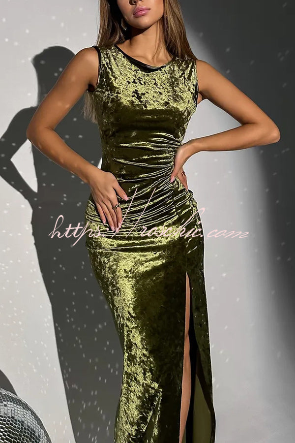 Solid Color Velvet Round Neck Sleeveless Slim Slit Maxi Dress