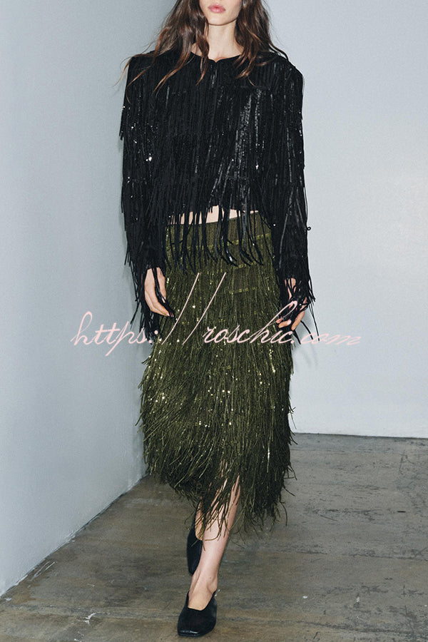 Party Crasher Layered Sequined Tassels Long Sleeve Loose Jacket