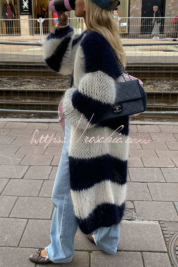 Fashionable Contrast Stripes Lazy Style Loose Long Knitted Cardigan