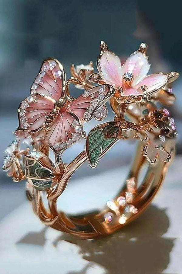 Colorful Butterfly and Flower Decoration Open Ring