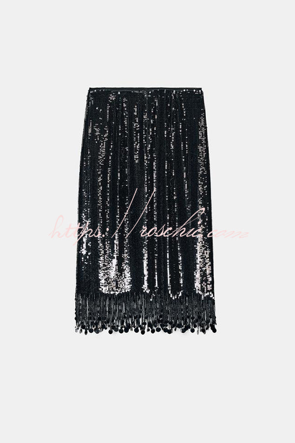City Queen Sequin Tassel Round Pieces High Rise Back Zipper Midi Skirt