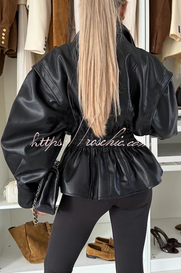 Play It Cool Faux Leather Single Button Elastic Waist Lapel Moto Jacket