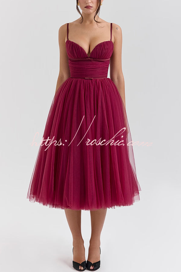 Royal Treatment Tulle Bows Detail Ruched Slip Midi Dress