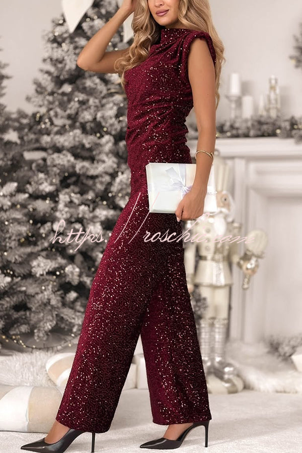 Stylish Sparkly Velvet Sequin Sleeveless Pleated Top and Casual Wide-leg Pants Set