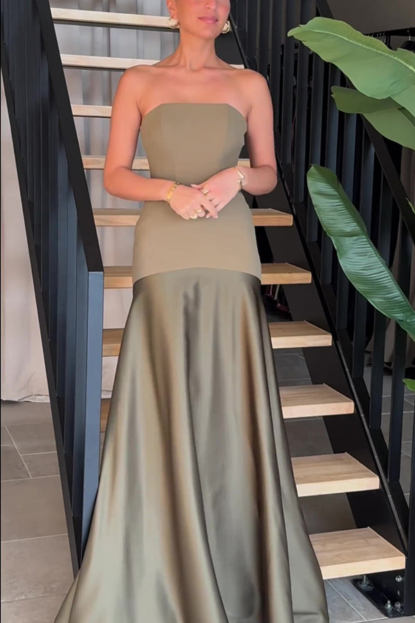 Timeless Elegance Satin Patchwork Strapless Flare Gown Maxi Dress Timeless Elegance Satin Patchwork Strapless Flare Gown Maxi Dress