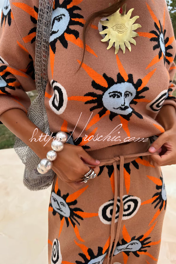 Mediterranean Art Knit Unique Sun Vortex Print Elastic Waist Wide Leg Pants