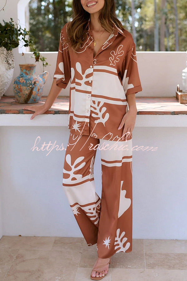 The Beach Girls Unique Color Block Print Button Up Shirt and Elastic Waist Pants Set