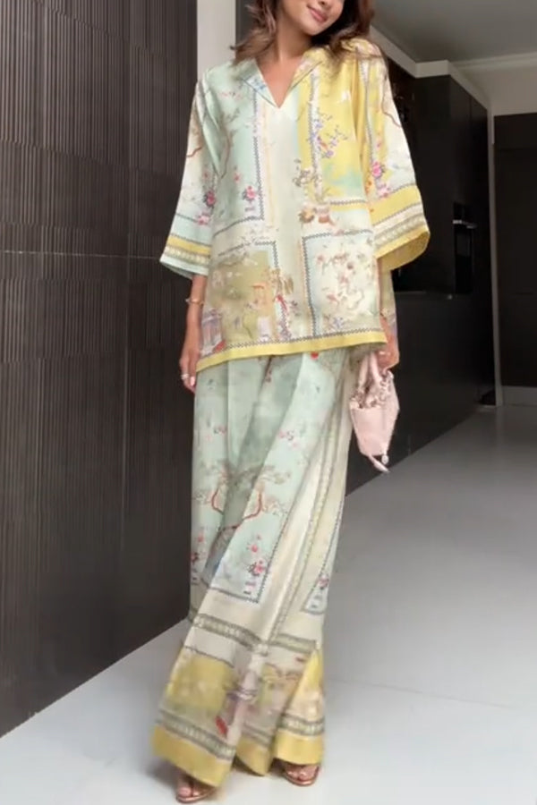 Elonie Satin Floral Print V-neck Half Sleeve Top and Elastic Waist Wide Leg Pants Set