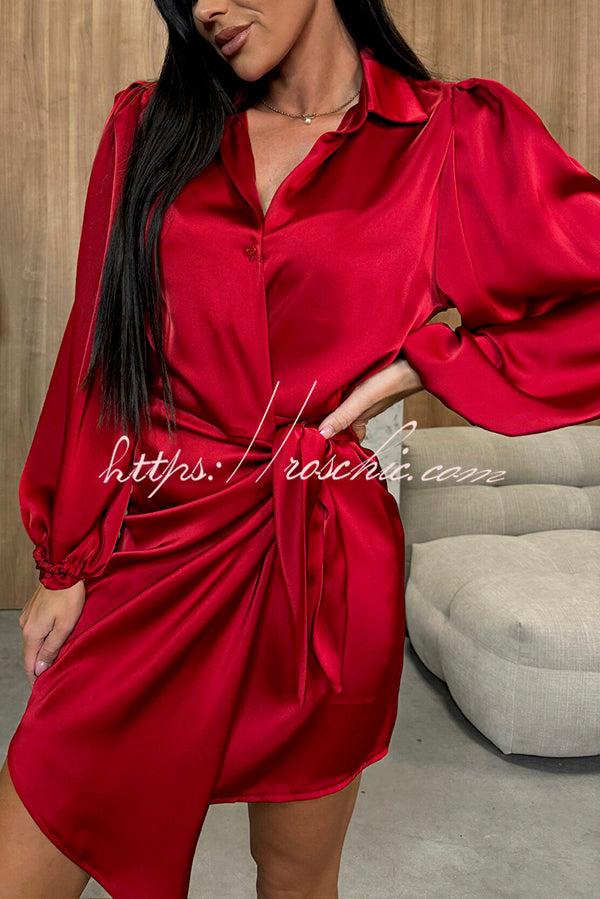 Solid Satin Long Sleeve Tie Waist Irregular Mini Dress