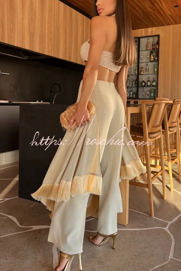 Sexy Lace-Up Bandeau Top and Irregular Tassel Pants Set