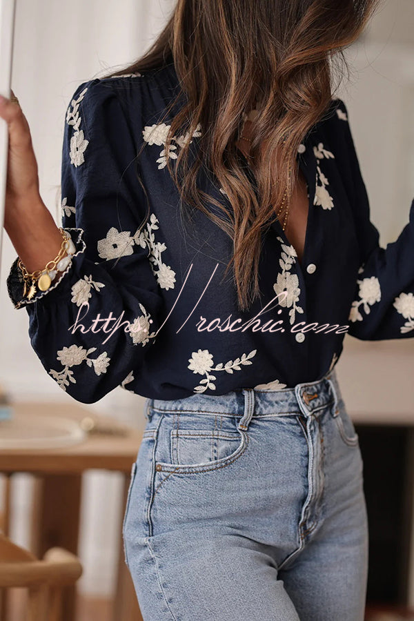 Floral Embroidery Long-Sleeved Button-Up Elegant Shirt