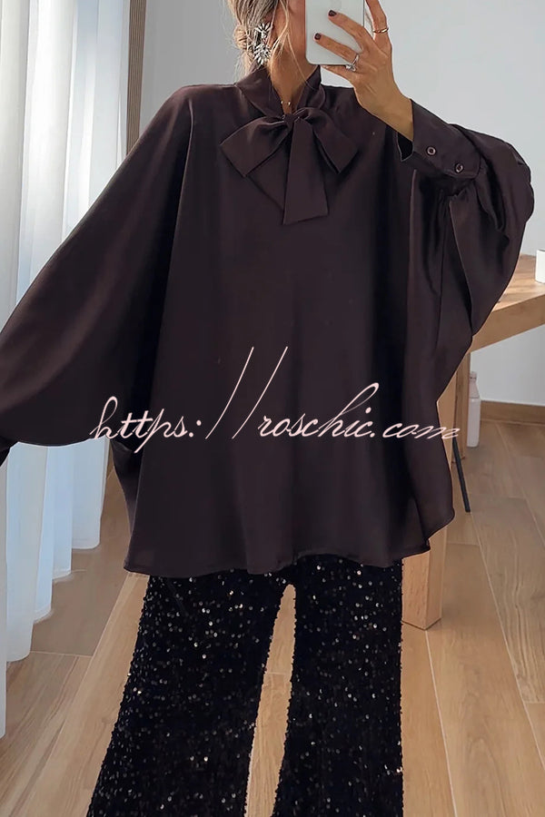 Chic and Merry Satin Bow Neck Batwing Sleeve Loose-fitting Blouse