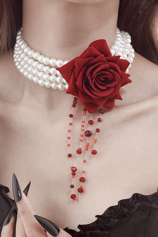 Halloween Dark Blood-stained Pearl Beaded Rose Necklace