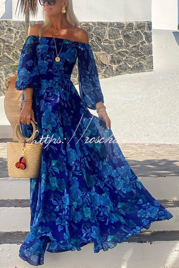 With Love Floral Off Shoulder Back Smocked Vacation Maxi Dress, Blue / M With Love Floral Off Shoulder Back Smocked Vacation Maxi Dress, Blue / M