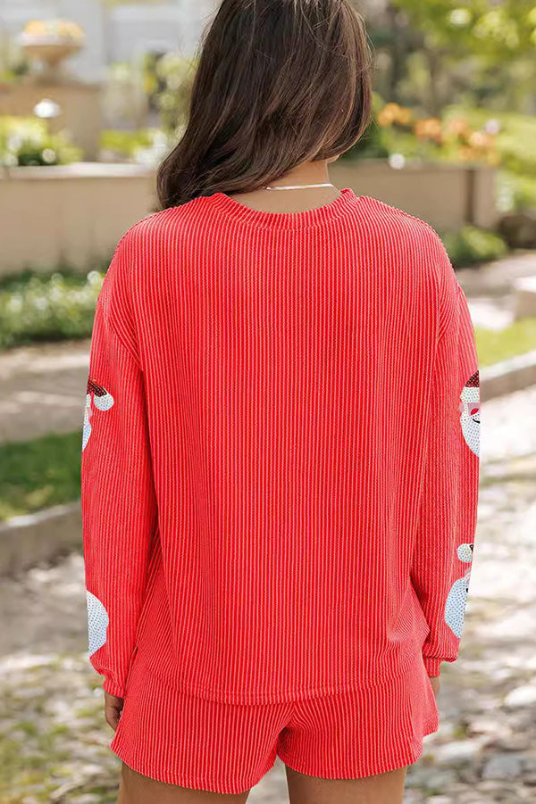 Christmas Sequined Loose Long-sleeved Top and Elastic Waist Casual Shorts Set