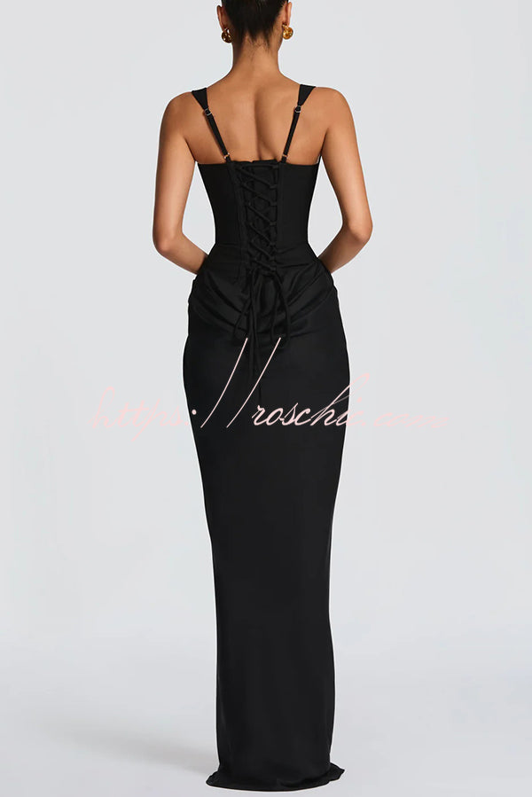 Larrah Square Neck Back Lace-up Satin Drape Hem Maxi Dress