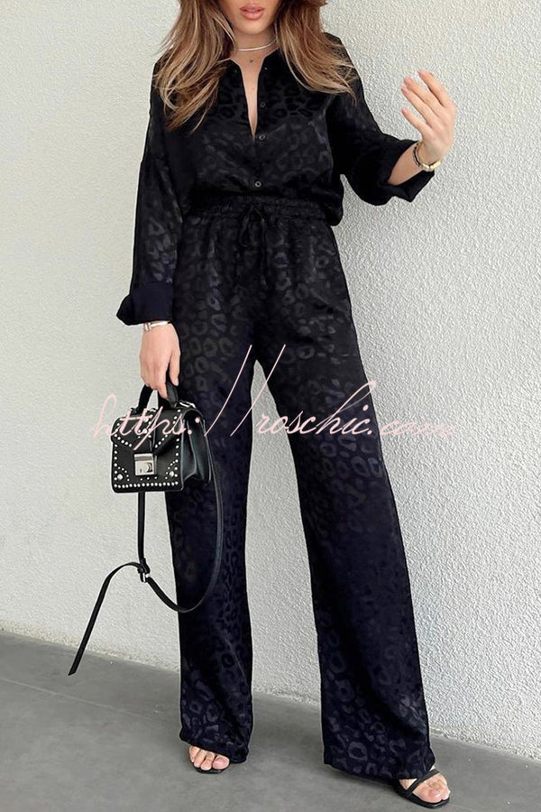 Leopard Print Jacquard Long Sleeved Shirt with Elastic Waist and Pant Two Piece Set