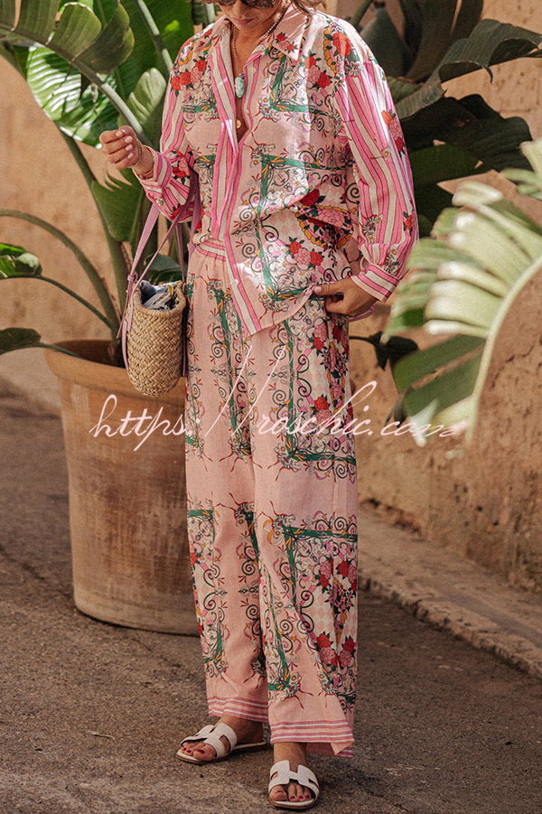 Floral Charm Unique Print Loose Blouse and Elastic Waist Pocketed Pants Set