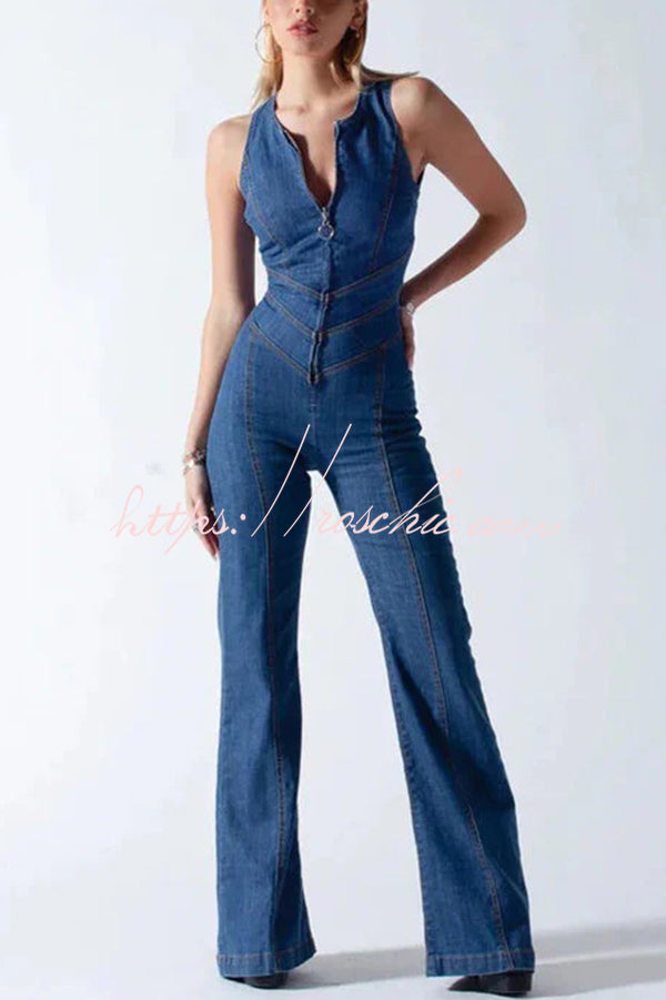Fashionable Heart Hollow Back Slim High Waist Flared Denim Jumpsuit