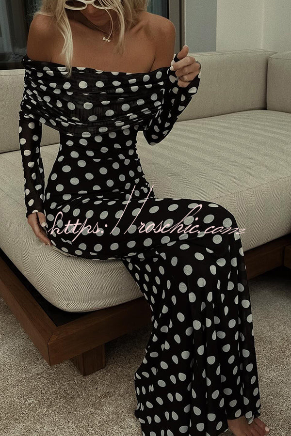 Chic Statement Polka Dot Print Off Shoulder Ruched Stretch Maxi Dress roschic Chic Statement Polka Dot Print Off Shoulder Ruched Stretch Maxi Dress roschic