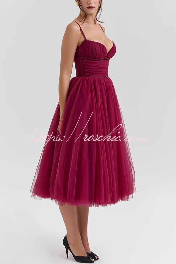 Royal Treatment Tulle Bows Detail Ruched Slip Midi Dress