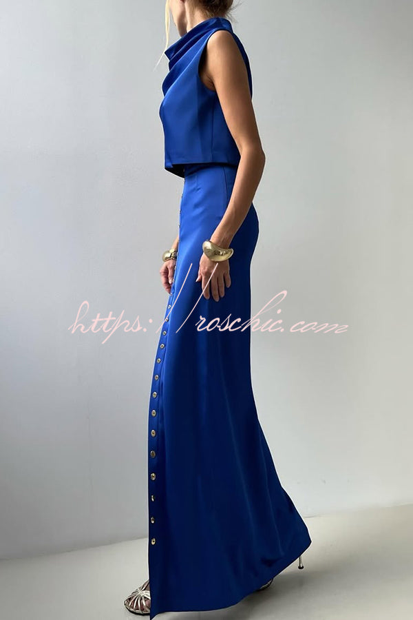 Solid Color Casual Sleeveless Crop Top and Elegant Button-down Maxi Skirt Set