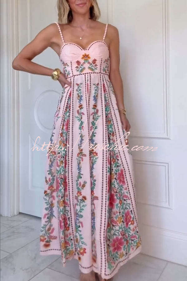 Linen Blend Delicate Forest Unique Print Sweetheart Neck Beaded Straps Maxi Dress Linen Blend Delicate Forest Unique Print Sweetheart Neck Beaded Straps Maxi Dress