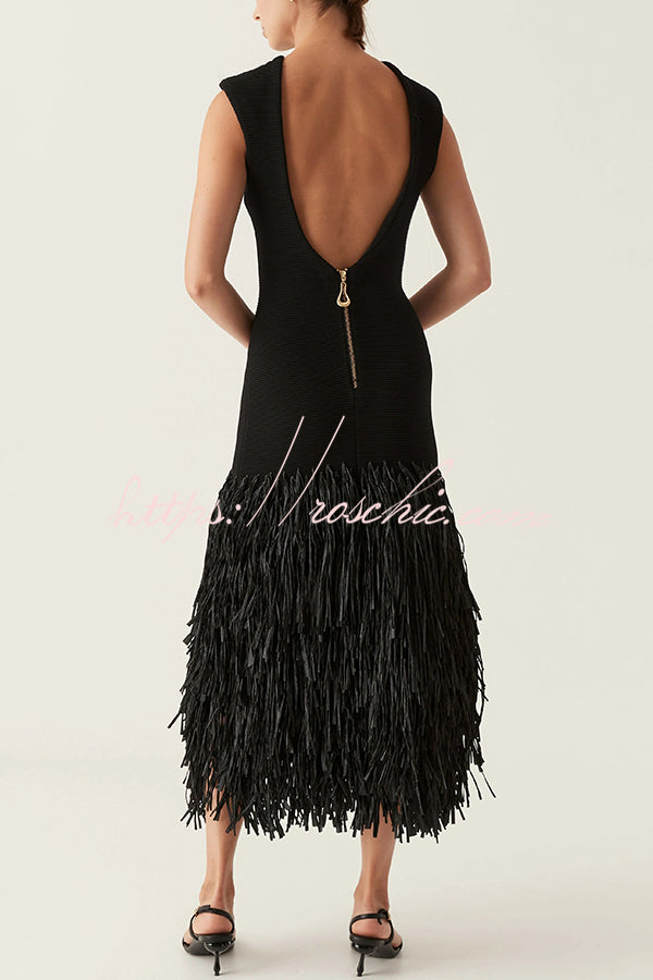 Christie Ribbed Patchwork Tiered Fringed Hem Zipper Backless Maxi Dress