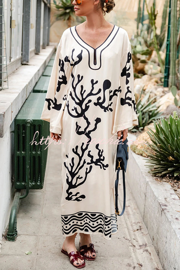 Exotic Locales Satin Unique Print Cutout Neck Wide Sleeve Kaftan Midi Dress