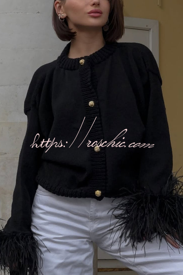 Solid Color Elegant Feather Long Sleeve Casual Knitted Cardigan