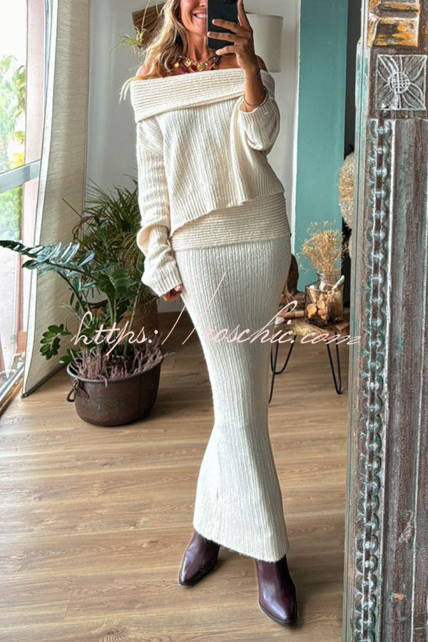 Luka Ribbed Knit Off Shoulder Long Sleeve Sweater and Stretch Maxi Skirt Set