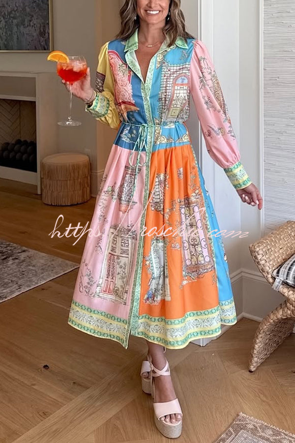 Unique Print Lapel Lantern Sleeve Single Breasted Tie Waist Midi Dress