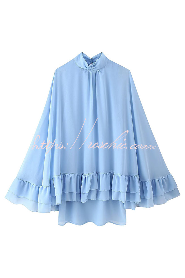 Solid Color Chiffon Trumpet Sleeve Loose Mini Dress