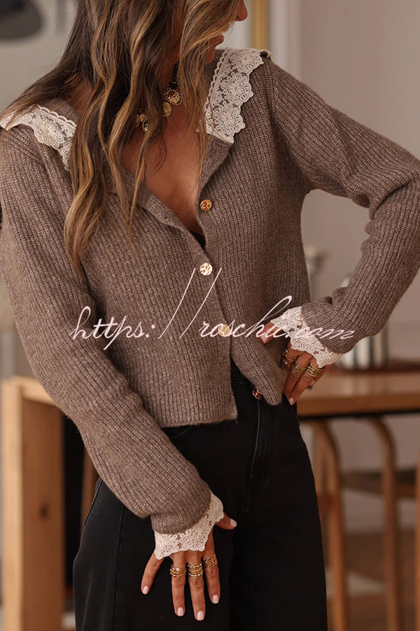 Fashionable Lace-trimmed Sailor Collar Casual Knit Cardigan