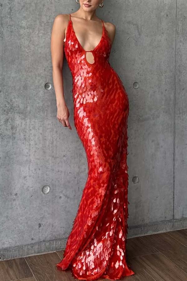 Reshape Beauty Fish Scale Sequin Cutout U-neck Slip Maxi Dress