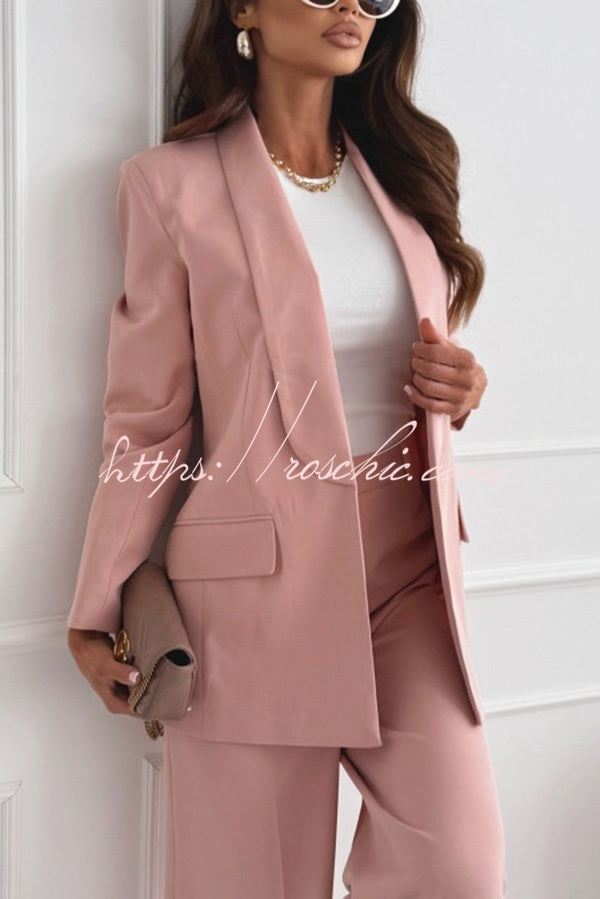 Solid Color Lapel Long Sleeve Casual Blazer and Pocket Wide Leg Pants Set