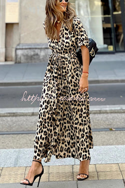 Best of Me Leopard Print Button Long Sleeve Elastic Waist Shirt Maxi Dress