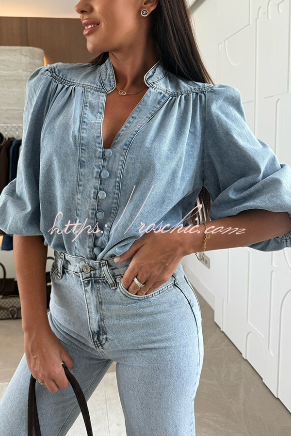 Fashion V-neck Button-down Lantern Sleeve Casual Denim Shirt