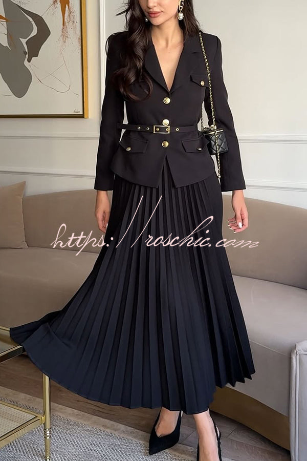 Solid Color Lapel Button Belt Blazer and Pleated Casual Maxi Skirt Set