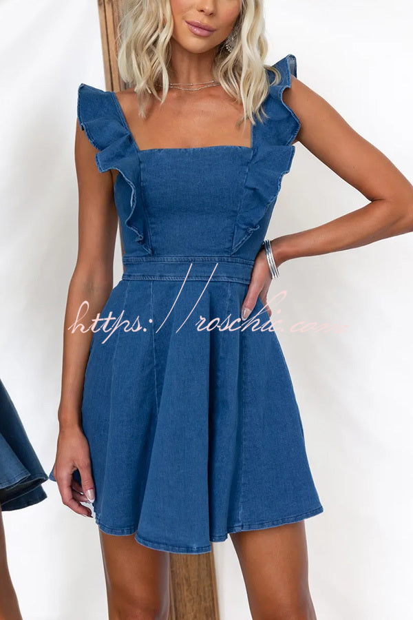 Sweet Secret Denim Square Neck Ruffle Sleeve Stretch Mini Dress