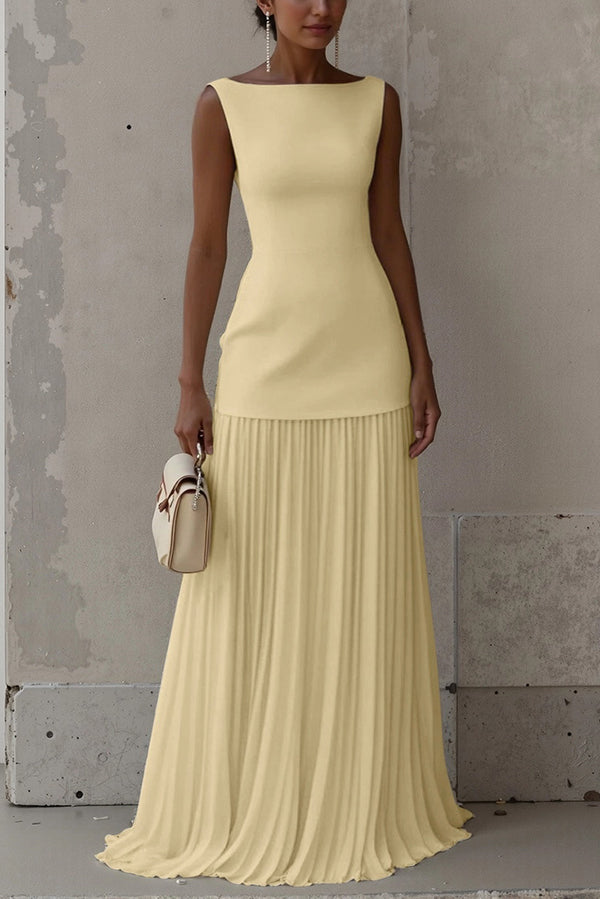 Solid Color Sleeveless Pleated Elegant Maxi Dress Solid Color Sleeveless Pleated Elegant Maxi Dress