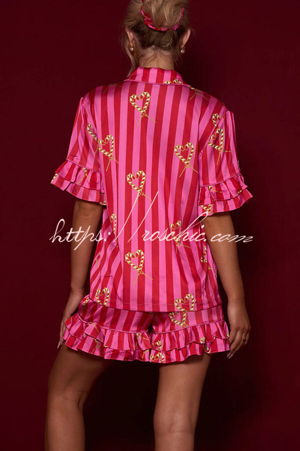 Girls Night Long Candy Stripe Tiered Bell Cuffs Elastic Waist Pocket Pajama Shorts Set