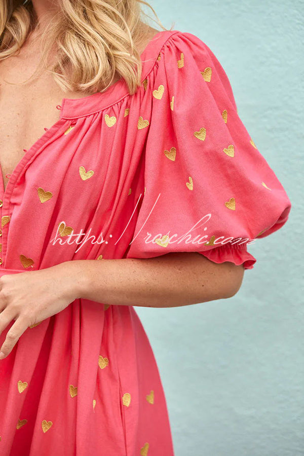 Valentine's Day Gold Heart Print Puff Sleeve Button Pocketed Loose Maxi Dress