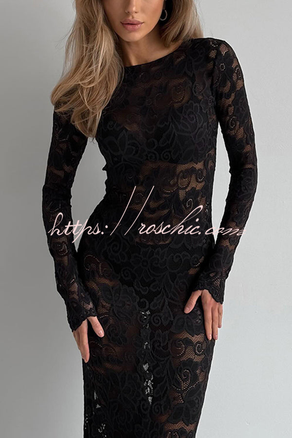 Sexy Openwork Lace Long-sleeved Slim-fit Fishtail Maxi Dress