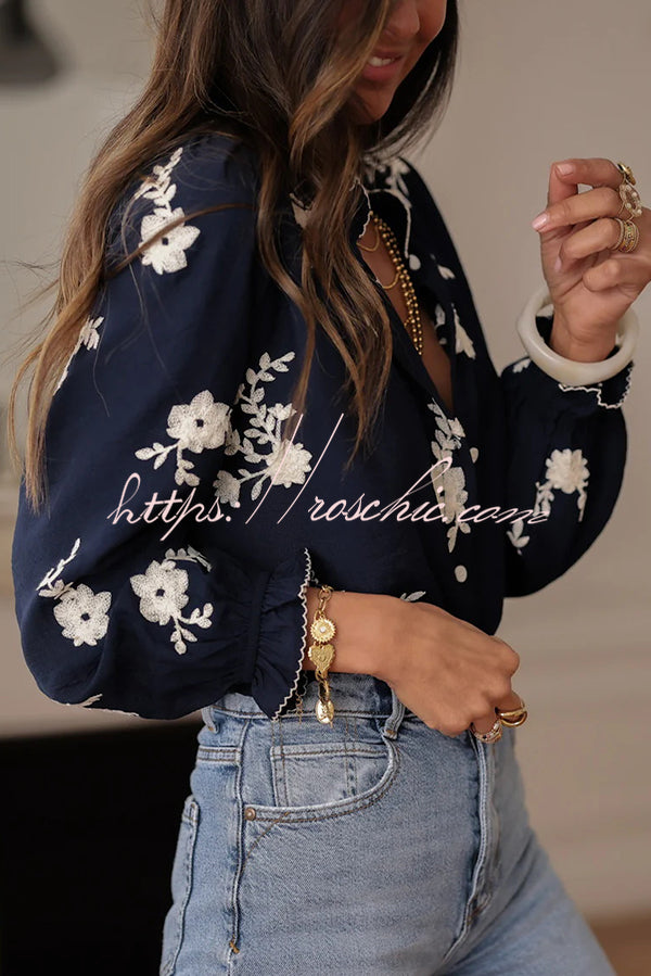 Floral Embroidery Long-Sleeved Button-Up Elegant Shirt