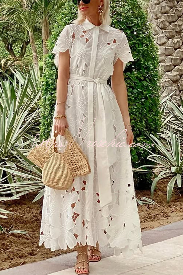 Dubai Style Floral Crochet Lace Short Sleeve Tie-up Shirt Maxi Dress roschic Dubai Style Floral Crochet Lace Short Sleeve Tie-up Shirt Maxi Dress roschic