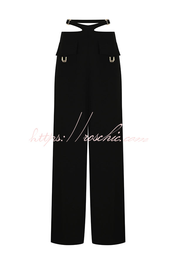 Leia High Neck Button Bell Sleeve Top and Cutout Waist Metal Pocketed Flare Pants Set