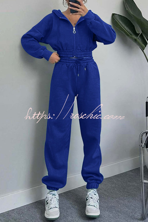 Hooded Zip Up Waist Sweatshirt and Elastic Waist Lace Up Pants Set